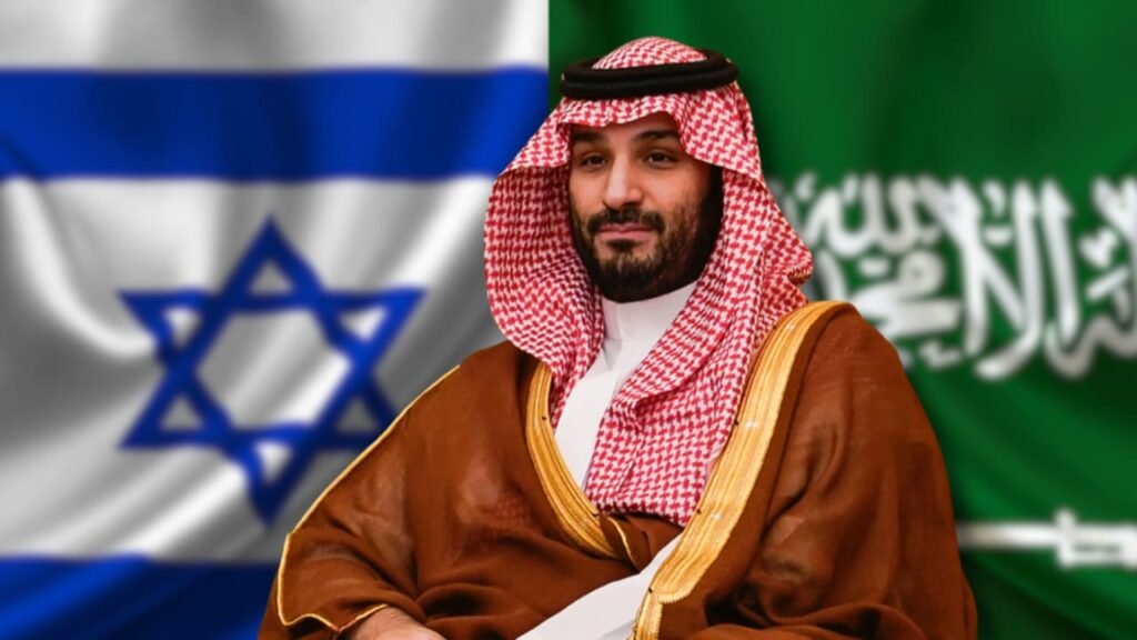 Saudi Crown Prince Mohammed bin Salman seated in traditional attire, flanked by the national flags of Israel and Saudi Arabia, illustrating the regional geopolitical shifts and financial undercurrents driving the Israel Abraham Accords economy.