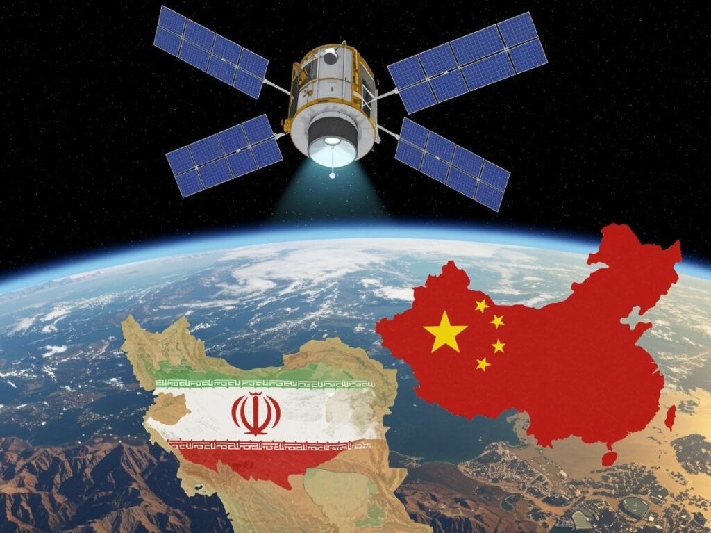 "Chinese satellite technology Iran: Advanced Chinese satellite with solar panels transmitting precision data beam over Earth, with highlighted maps of China and Iran showing strategic aerospace cooperation and 62 critical precision capabilities"