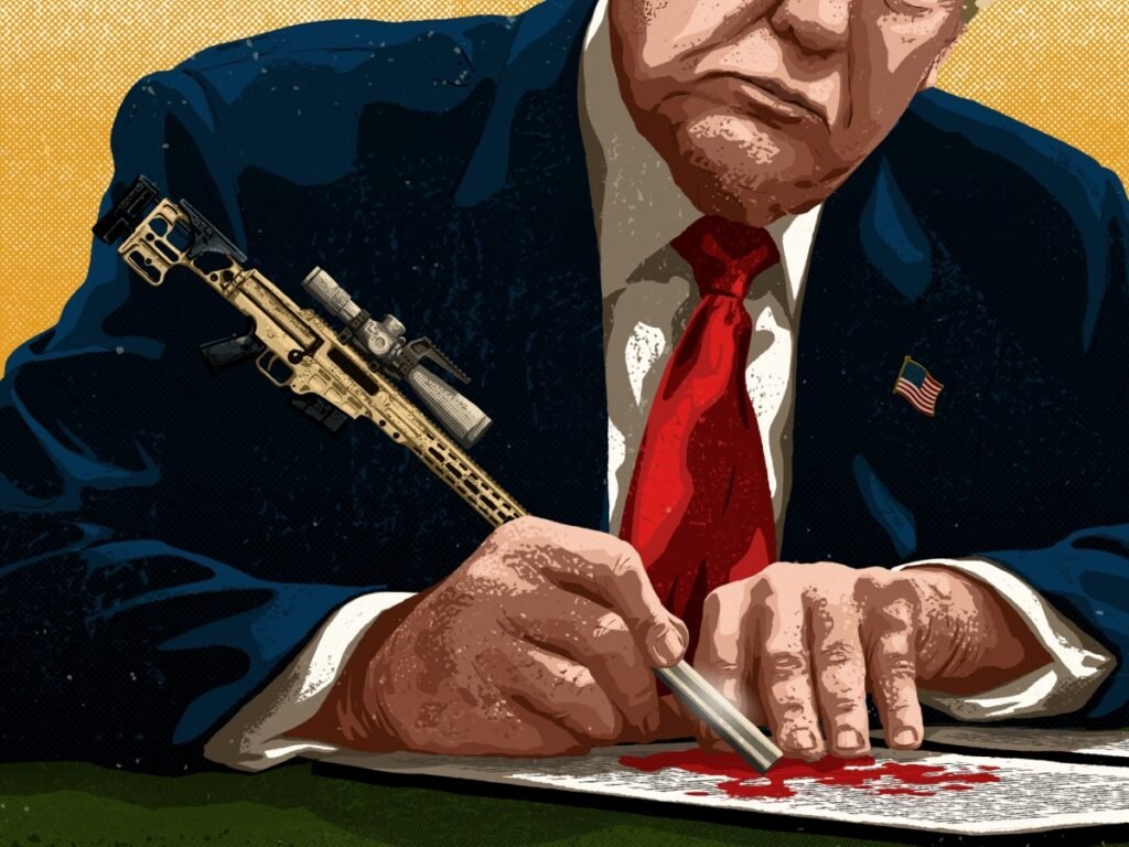A conceptual illustration depicting a close-up of Donald Trump wearing a dark suit and red tie, holding a pen stylized as a sniper rifle to sign a document marked with red ink pools, visually representing the shift from Khamenei to Maduro where no more red lines exist for U.S. foreign policy.