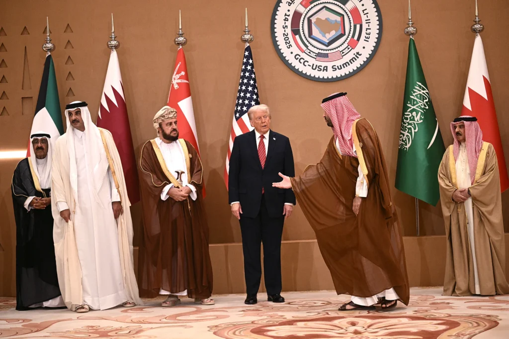 US President Donald Trump with Gulf leaders at the GCC-USA Summit, representing Middle Eastern sovereign capital stability facing the Iran war risk.