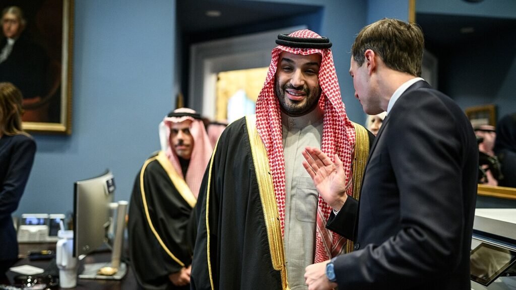 A New Order for the Gulf States Saudi Crown Prince Mohammed bin Salman smiles while speaking with Jared Kushner in a formal room featuring office desks and artwork, illustrating the changing diplomatic engagements that define a new order for the Gulf States.