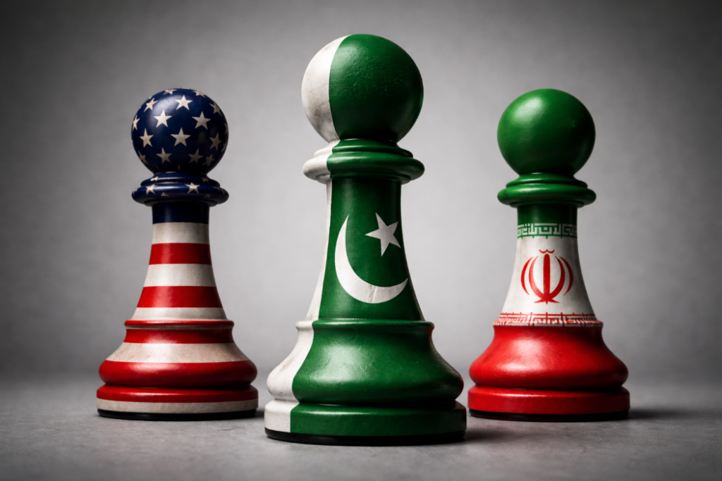 Mediation, Adaptation and Survival: Pakistan in the West Asia Crisis Three chess pawns painted with the national flags of the United States, Pakistan, and Iran standing on a grey surface, metaphorically representing regional diplomacy and strategic balancing amid the West Asia crisis.