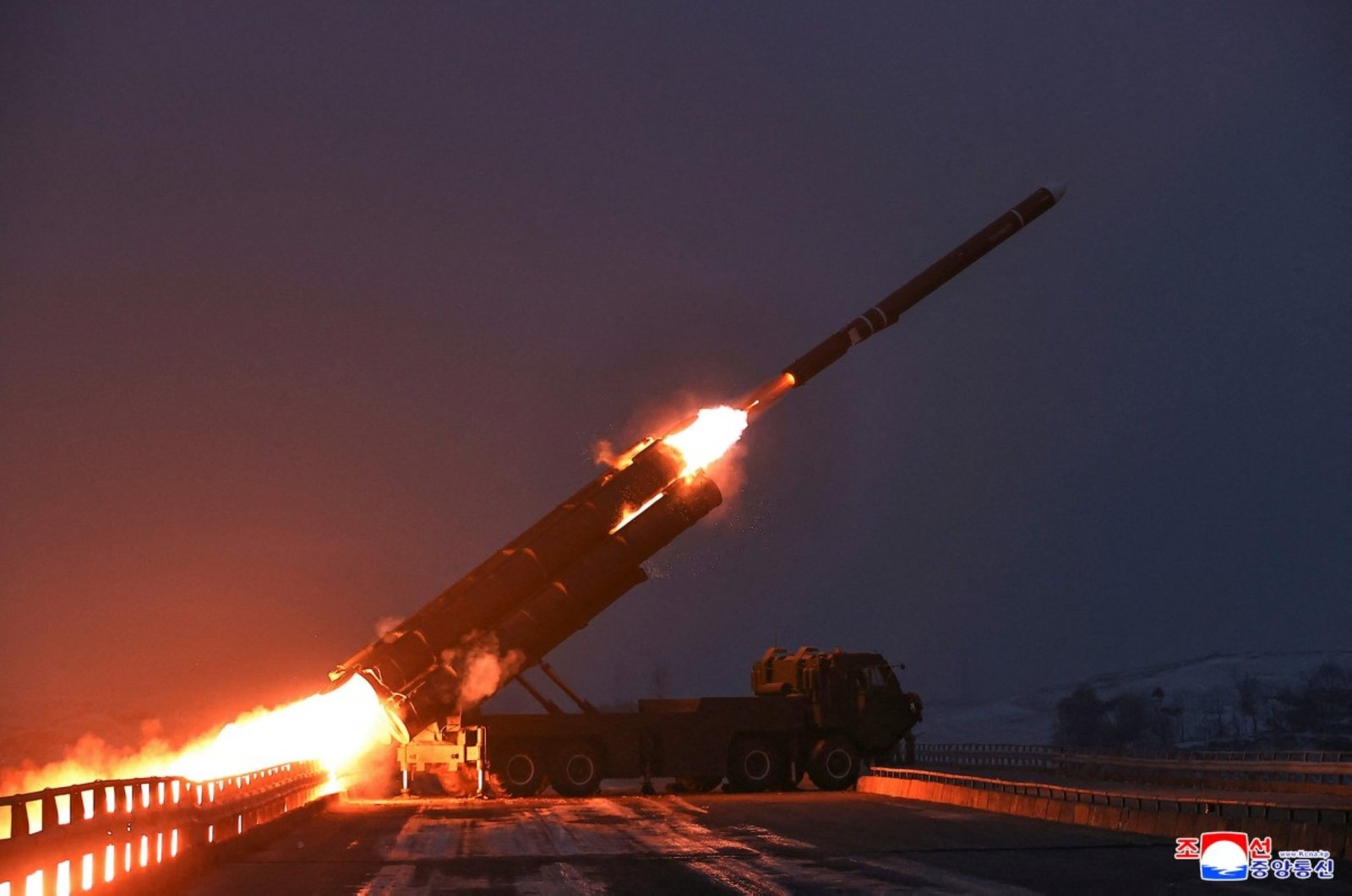This picture taken on December 28, 2025 and released by North Korea's official Korean Central News Agency (KCNA) on 29 December 2025 shows a long-range strategic cruise missile launching drill in the West Sea of North Korea.