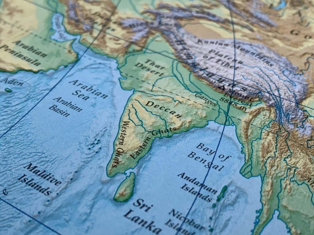 A close-up physical map showing the Indian subcontinent, the Arabian Sea, and the Bay of Bengal, highlighting the strategic choke points and maritime routes central to Indian Ocean Basin geopolitics.