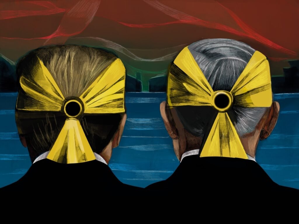 A conceptual digital painting showing the back of two men's heads in suits, each wearing a yellow radioactive symbol like a blindfold, overlooking a dark sea to symbolize the unseen dangers and strategic blindness in the Iran-Israel Nuclear Conflict.