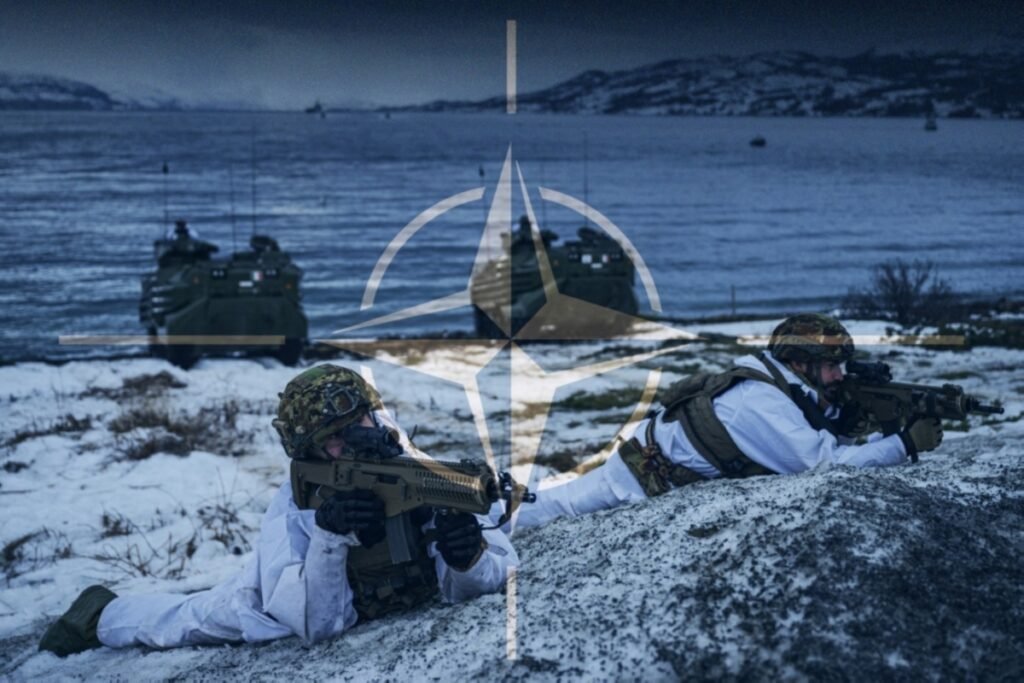 Two soldiers in winter camouflage gear take prone defensive positions with service rifles on a snowy shoreline, superimposed with a transparent NATO emblem as military vehicles sit near the water to illustrate the defense framework underlying Europe's secret Plan B.