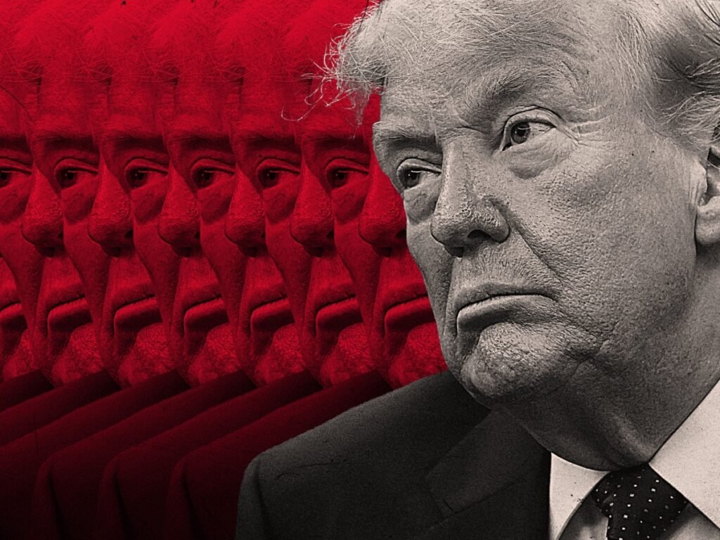 A close-up profile of Donald Trump looking forward with a serious expression, set against a repeating background of his own stylized image shaded in deep red, visually capturing the repetitive nature of sound-and-fury diplomacy.