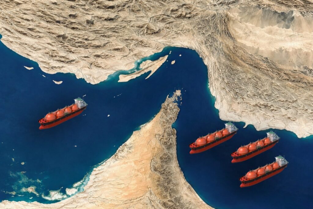 A high-angle satellite-style visualization of the Strait of Hormuz showing multiple large orange tankers transiting the narrow waterway, highlighting the geographic Strait of Hormuz leverage and the secret realities of global energy security risks.