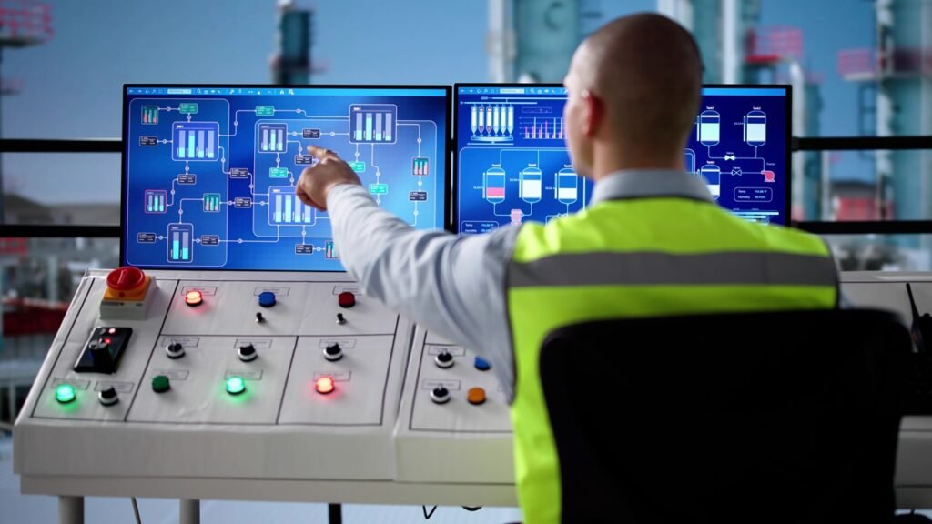 An engineer in a high-visibility vest pointing at dual monitors displaying complex industrial flowcharts and tank levels in a control room, representing the Operation Epic Fury impact on regional infrastructure and energy security.