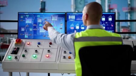 An engineer in a high-visibility vest pointing at dual monitors displaying complex industrial flowcharts and tank levels in a control room, representing the Operation Epic Fury impact on regional infrastructure and energy security.