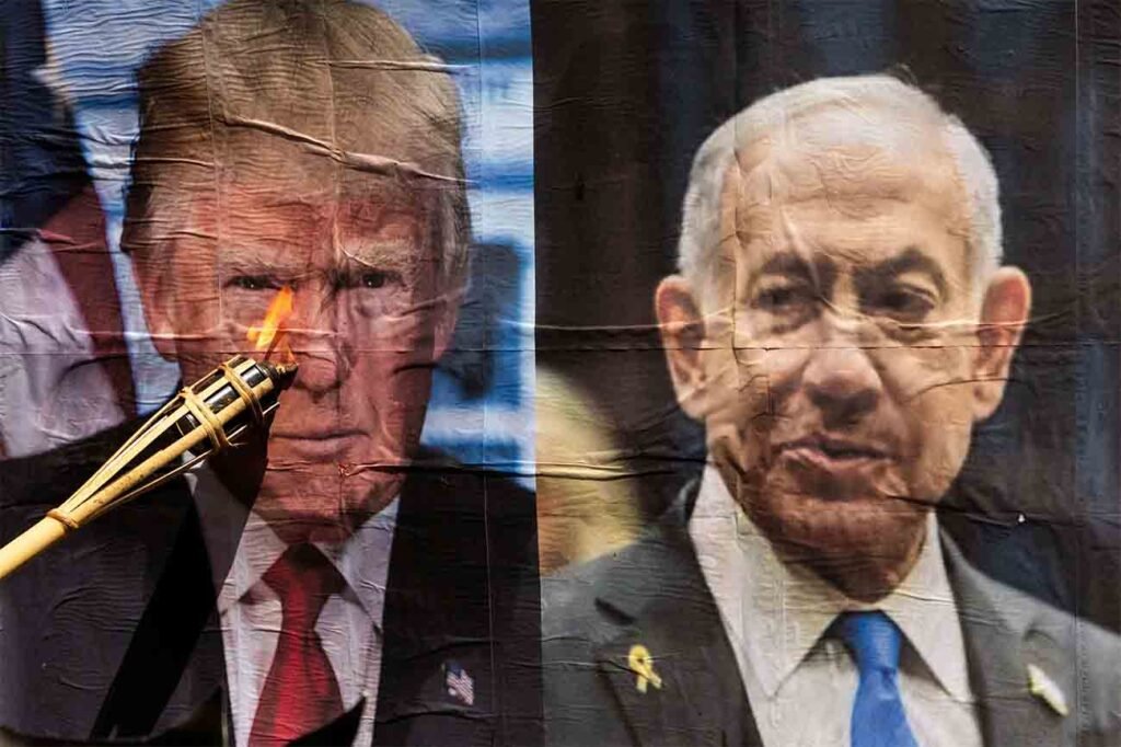 A poster showing side-by-side portraits of political leaders Donald Trump and Benjamin Netanyahu being scorched by a torch, serving as a visual critique of the foreign policy myth that Israel is our only ally in the Middle East and highlighting broader regional failures.