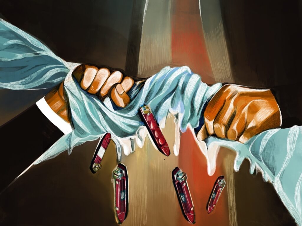 An artistic conceptual illustration of hands wringing a cloth over a sea lane with miniature cargo ships falling out, metaphorically depicting the economic pressure and logistics of a US maritime blockade of Iran and its impact on regional trade success.