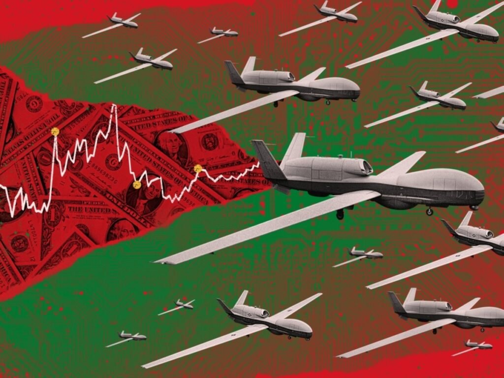 Latest drones drive down the cost of warfare A conceptual digital artwork depicting a fleet of military global hawk and predator UAVs flying across a green electronic circuit board backdrop, juxtaposed with a crashing stock market chart overlaid on red dollar bills to highlight how the latest drones impact defense economics.