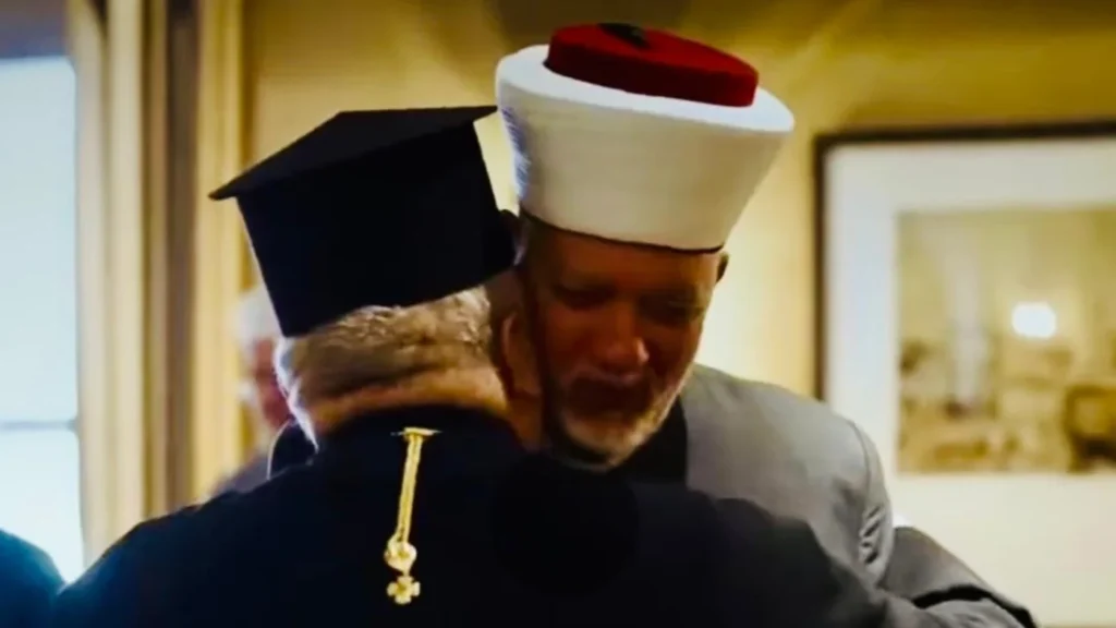 The author embracing Father Nabil Haddad during an institutional meeting at the Royal Hashemite Court in Amman, highlighting the interfaith diplomacy backing Jordan's Al-Aqsa custodianship.