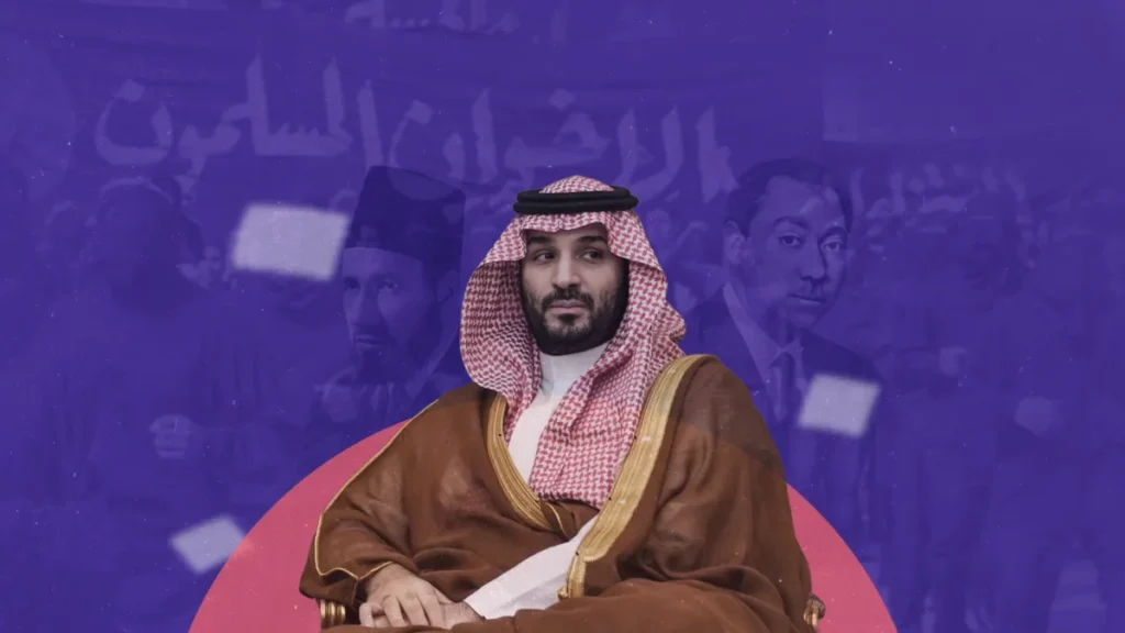 A portrait of Saudi Crown Prince Mohammed bin Salman seated in a brown bisht, superimposed over a purple-toned background featuring historical figures and Arabic text, illustrating the historical layers behind the regional Islamist Gamble.