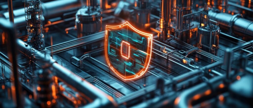 A glowing digital shield overlaying complex industrial infrastructure, representing the cybersecurity measures needed to counter an Iranian Cyber Threat and prevent critical system failures in regional energy sectors.
