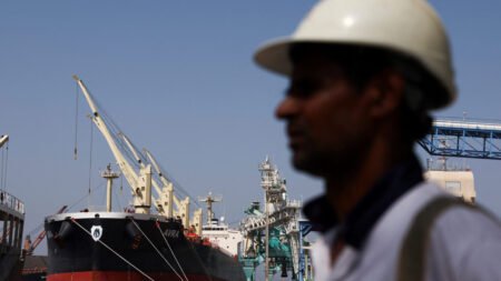 The bulk carrier vessel 'Avra' docked at the Port of Fujairah with cargo cranes in the background, serving as a visual case study for bypassing the straits and redesigning the India-Middle East-Europe corridor during wartime.