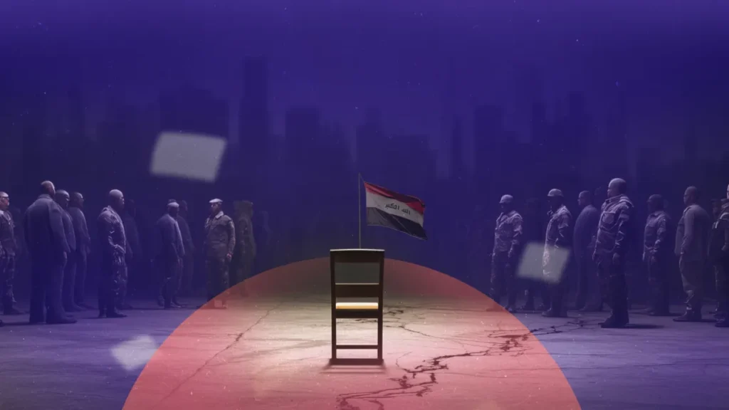 A conceptual digital graphic depicting an empty chair under a spotlight at the center of a red pathway, backed by the Iraqi flag and flanked by shadowy figures of soldiers and civilians to illustrate the tension Between Governance and Resistance.