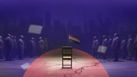 A conceptual digital graphic depicting an empty chair under a spotlight at the center of a red pathway, backed by the Iraqi flag and flanked by shadowy figures of soldiers and civilians to illustrate the tension Between Governance and Resistance.
