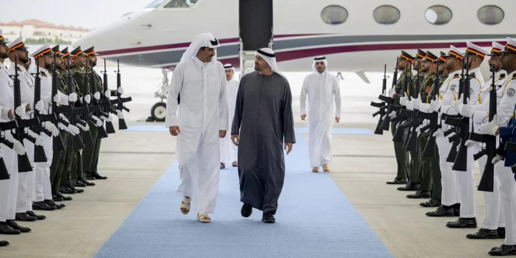 Gulf state leaders discussing regional defense and Gulf Security strategies amid shifting alliances with Israel and Iran.