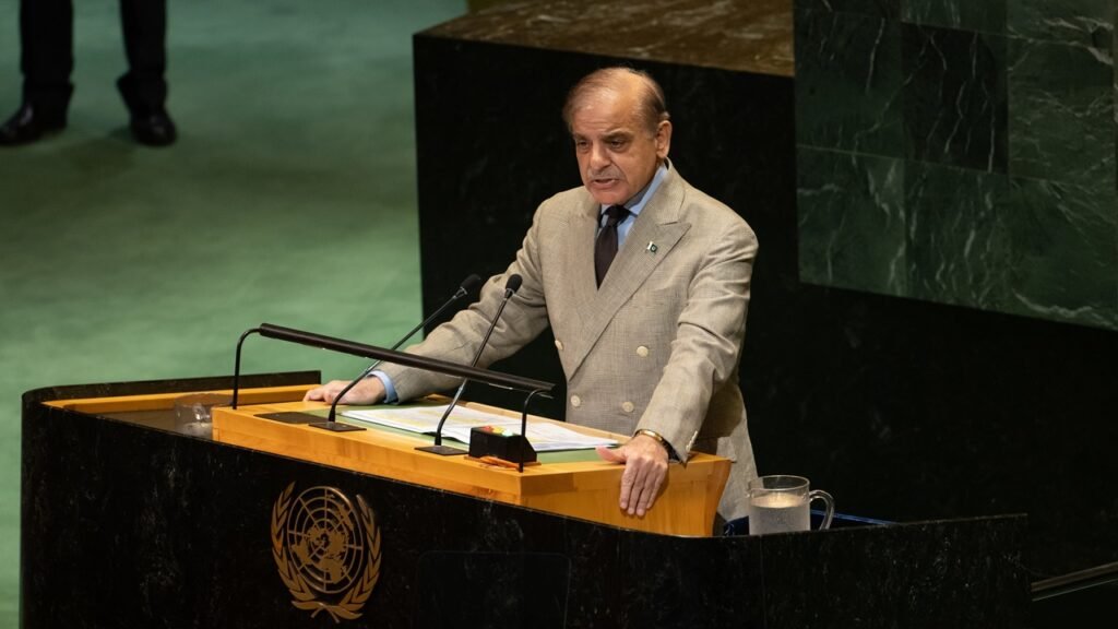Prime Minister Shehbaz Sharif of Pakistan addressing the UN General Assembly, providing a visual representation of the diplomatic stage where Pakistan mediation efforts face severe risks and pivotal stumbles in the global arena.