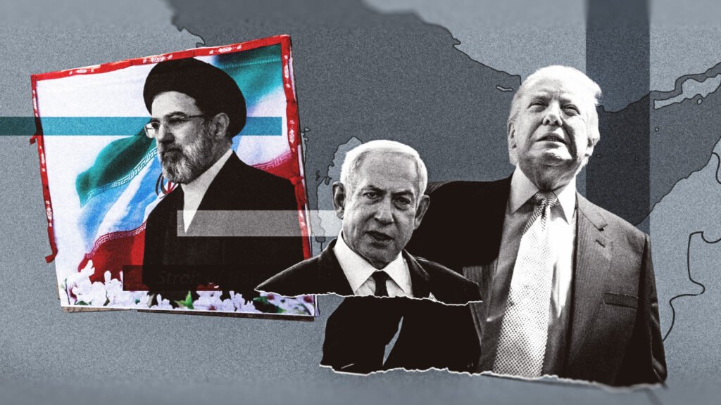 The US-Iran peace deal: Who wins and who loses? A political collage graphic featuring Donald Trump and Benjamin Netanyahu alongside an Iranian banner of Mojtaba Khamenei layered over a regional map background, illustrating the geopolitical stakes involved in a potential US-Iran peace deal.