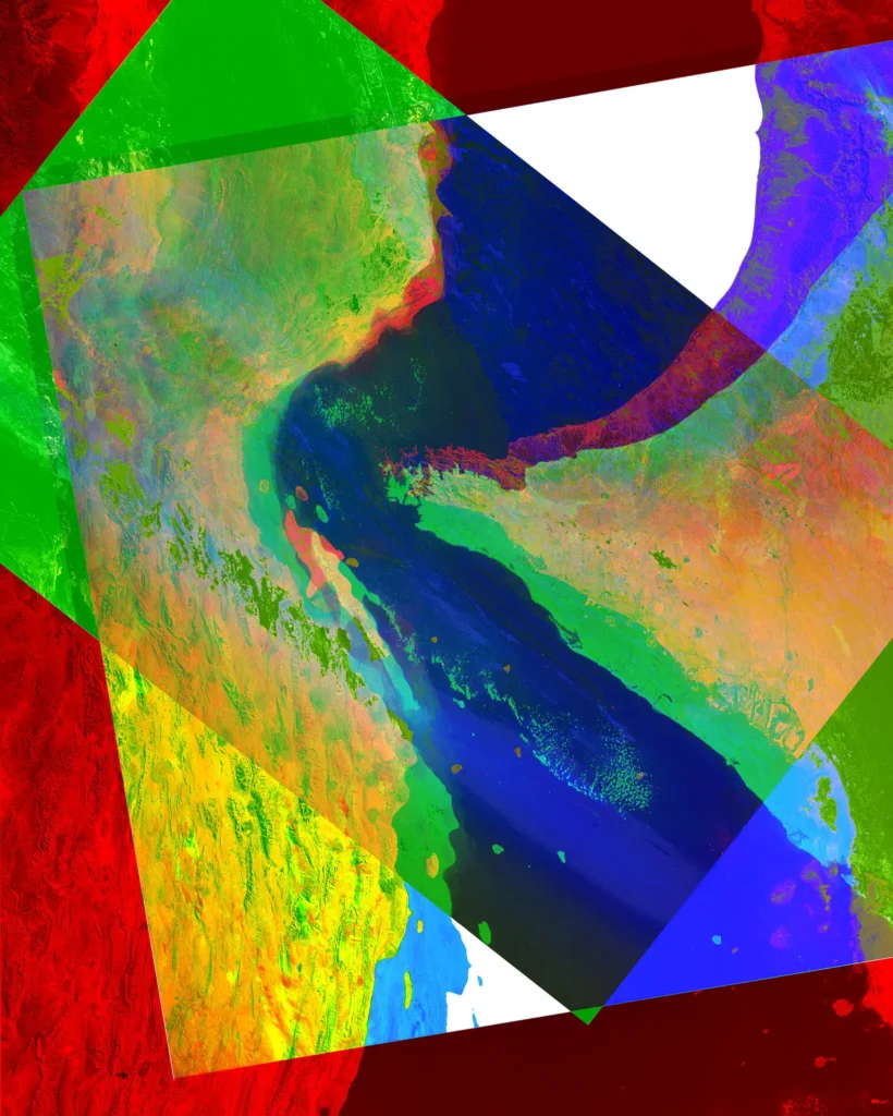 A satellite tracking map displaying dense maritime traffic data with green and red vessel markers concentrated around the Strait of Hormuz, contextualizing the shipping vulnerabilities and choke points linked to an Exit Strategy from War.