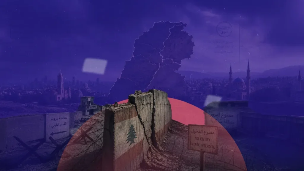 A conceptual image illustrating discussions around Federalism in Lebanon, featuring a concrete barrier painted with the Lebanese flag and a "No Entry" sign in front of a divided cityscape under a stylized regional map.