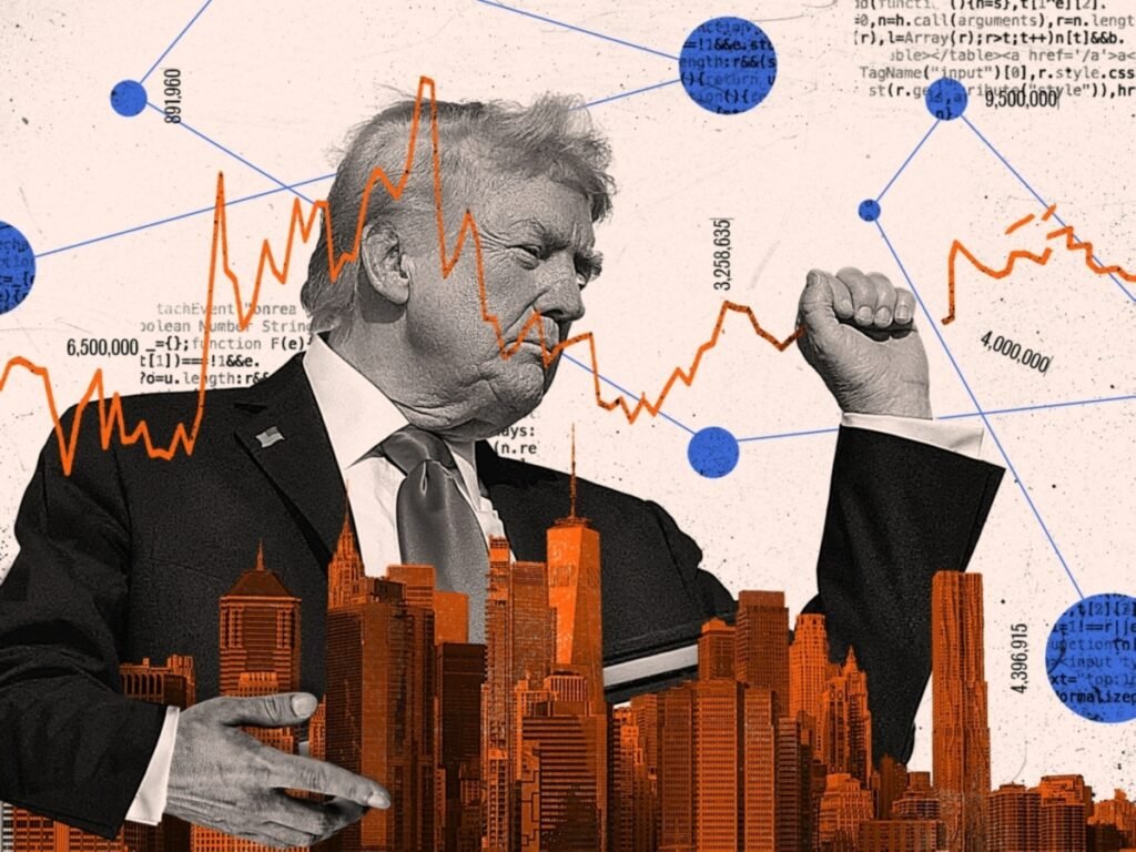 A conceptual digital illustration features a black-and-white portrait of Donald Trump raising his fist behind an orange cityscape and fluctuating line graphs, representing policy impacts on America's economy.