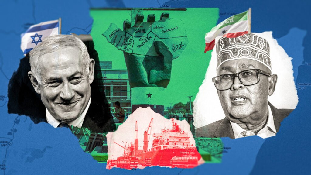 Will growing Israel-Somaliland ties deepen Red Sea rivalries? A political collage graphic featuring Benjamin Netanyahu with the Israeli flag, Muse Bihi Abdi with the Somaliland flag, a regional map of Somaliland's regions, and cargo shipping operations at a Red Sea port, illustrating the geopolitical friction surrounding Israel-Somaliland ties.