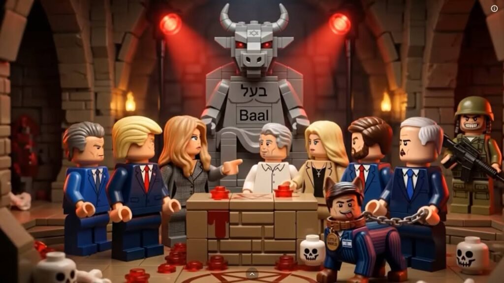 How AI Warfare Is Redefining Human Oversight on the Battlefield An AI-generated, Lego-style animation still from Explosive Media depicts political figures assembled under a gray statue of a horned deity labeled Baal, highlighting the use of synthetic media in targeting and propaganda during the Iran conflict to illustrate the ethical risks of unchecked AI Warfare.