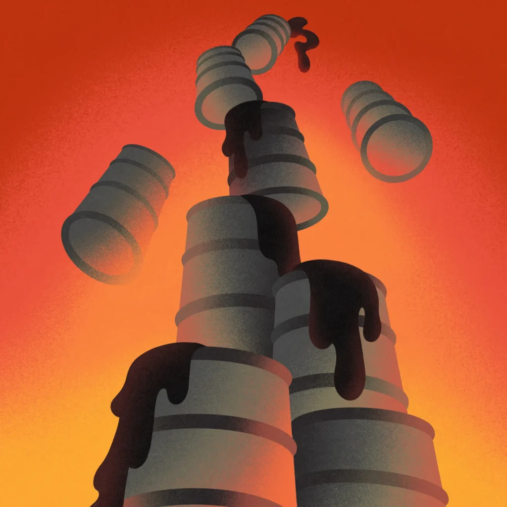 Illustration of a collapsing stack of leaking crude oil barrels against a volatile orange sky, symbolizing the economic impact and market instability following an OPEC Breakup.