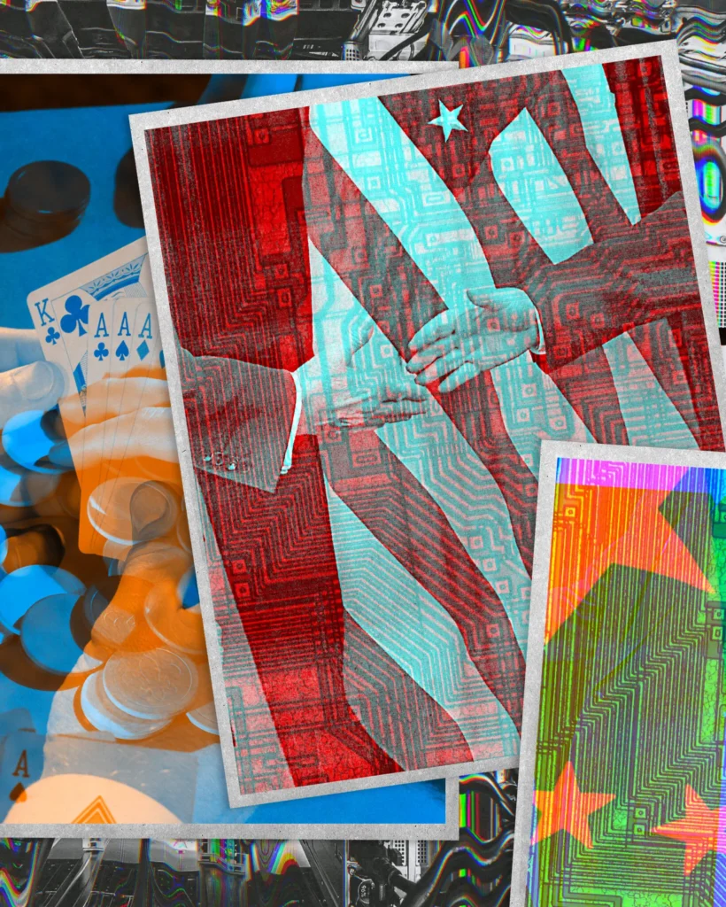 A multi-layered collage featuring stylized polaroid prints of handshakes overlaid with circuit board patterns, American flags, and playing cards, visually representing cyber tension and tech-driven strategies in U.S vs Iran asymmetric warfare.