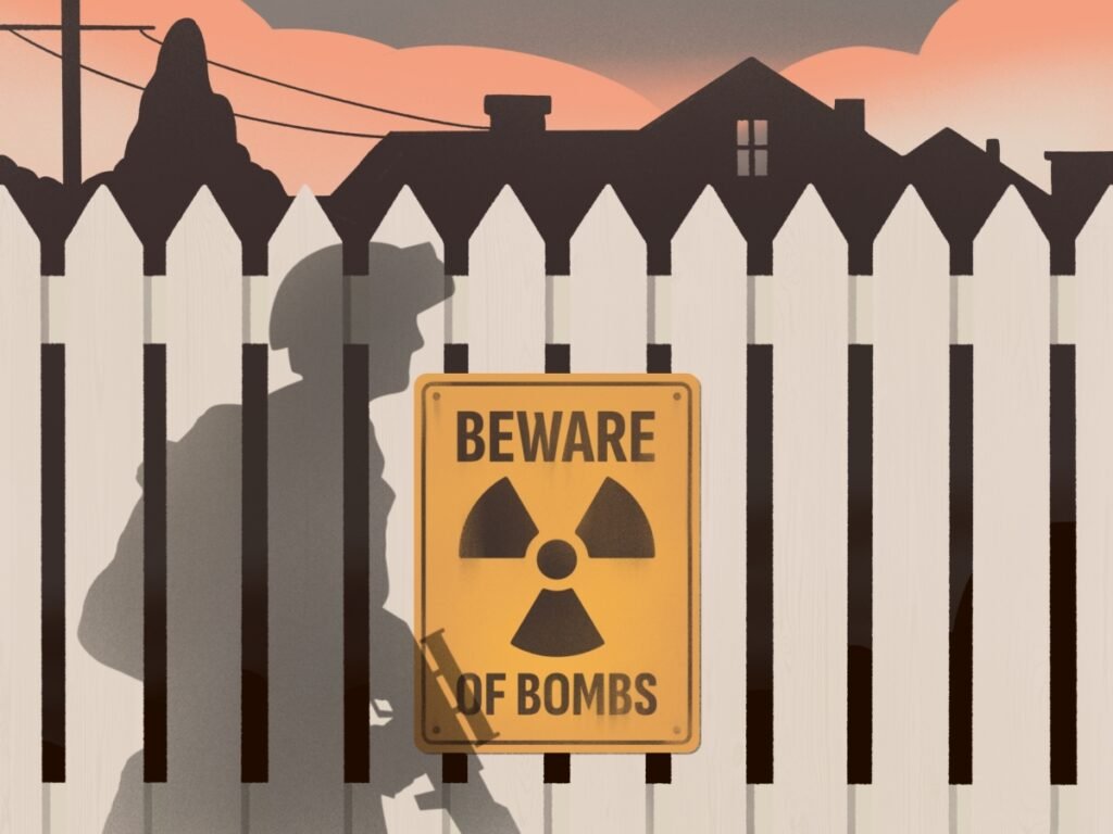A conceptual illustration of a white picket fence with a yellow sign reading "BEWARE OF BOMBS" featuring a radioactive symbol, while the shadow of a soldier is cast against the fence to represent the threat of Global Nuclear Proliferation in domestic and international settings.