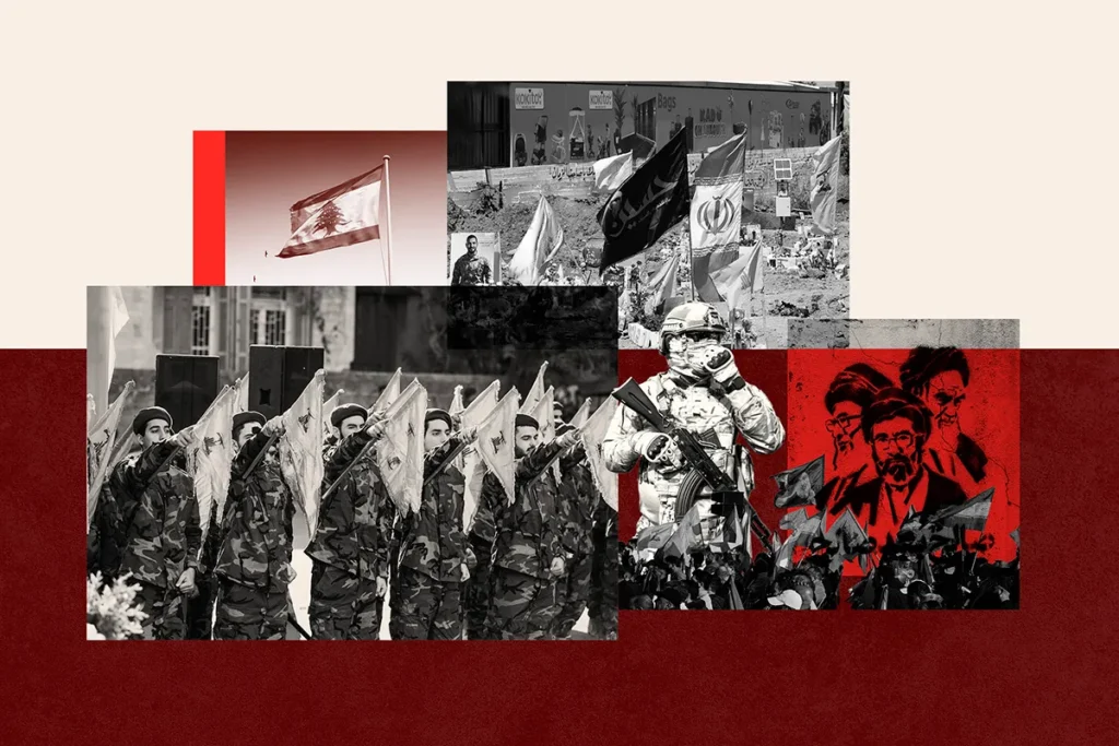 Iran Holds Firm in Lebanon A multi-image collage for image 5.webp featuring the Lebanese flag, marching soldiers, a heavily armed fighter, and ideological red graphics of political leaders, visualizing the complex geopolitical influence as Iran Holds Firm in Lebanon.