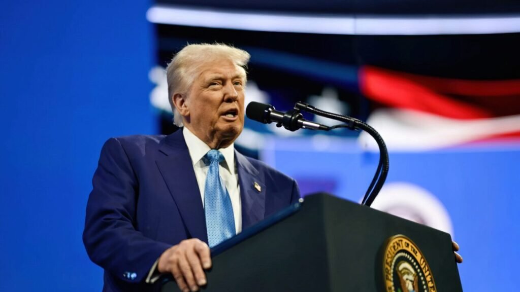 The Iran War and the Home Front Dilemma President Donald Trump speaking from a dark podium with the presidential seal against a vibrant blue backdrop at the FII Priority Summit, illustrating the messaging challenges linked to the Home Front Dilemma.