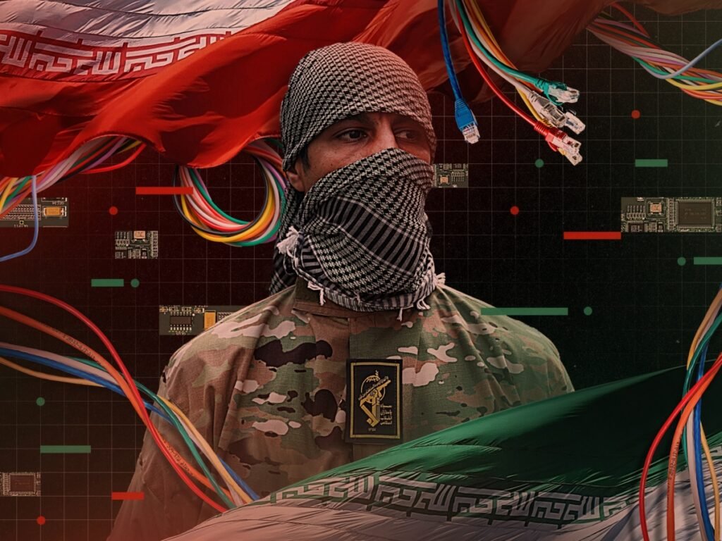 A masked operative in camouflage featuring an IRGC insignia surrounded by network cables and the Iranian flag, symbolizing the hybrid nature of Iran proxy networks and their strategic threat to Gulf security.