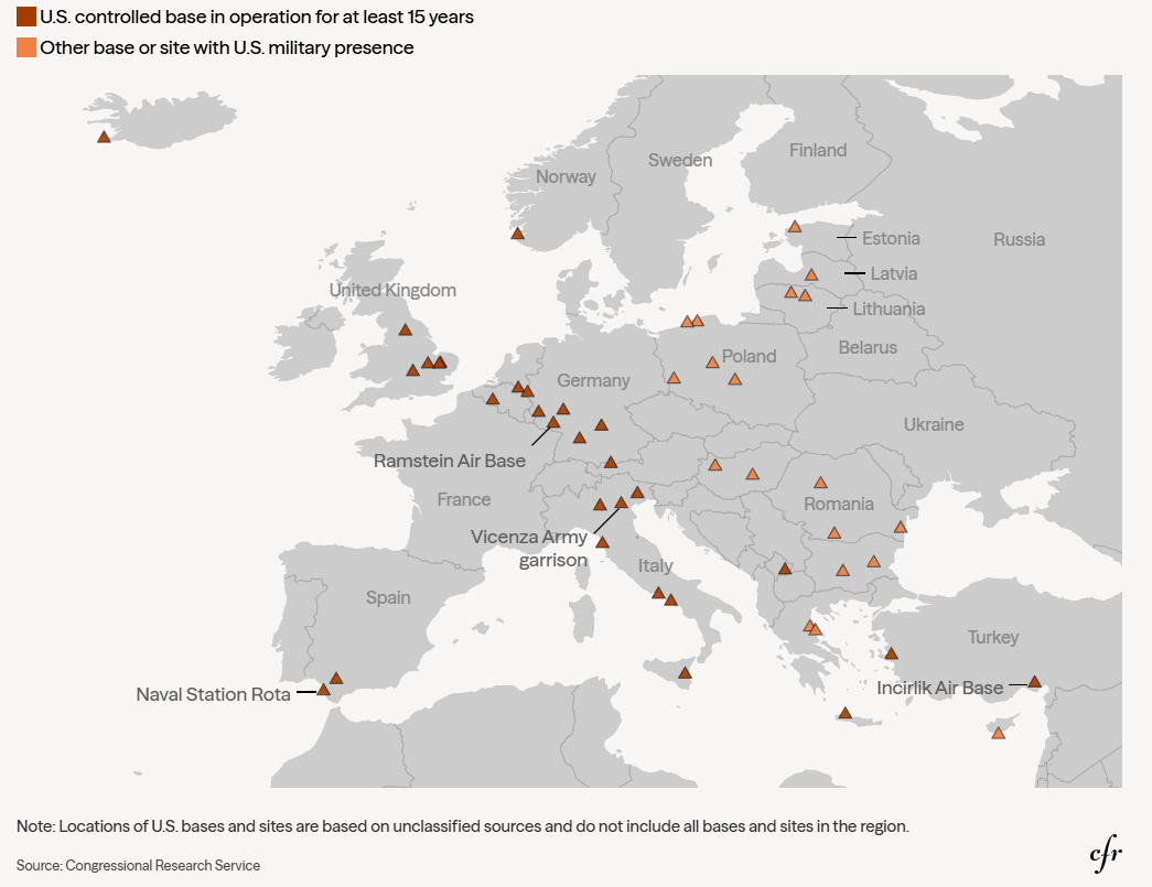 A detailed map of Europe showing the distribution of U.S. military bases and sites, illustrating the geographical footprint and strategic positioning relevant to the current NATO Deterrence Crisis and regional defense posture.