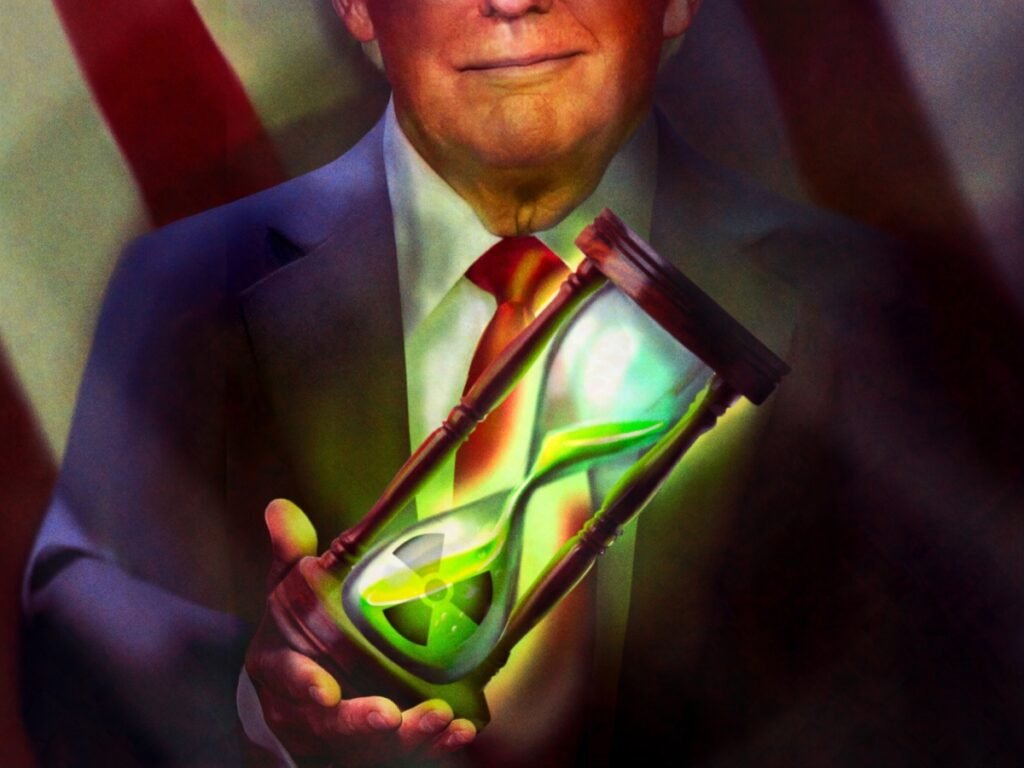 A conceptual digital illustration of a political figure in a suit holding a glowing hourglass filled with green liquid and a radioactive symbol, symbolizing the urgent Nuclear proliferation risks and the shifting timeline of global security.