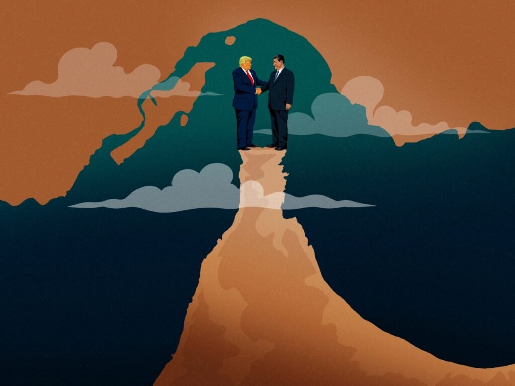 Amid US-China competition in the Gulf, there is room for cooperation A conceptual digital illustration depicting Donald Trump and Xi Jinping shaking hands atop a narrow, precipitous mountain peak against a backdrop shaped like the Arabian Peninsula, symbolizing the complex dynamics of US-China competition.