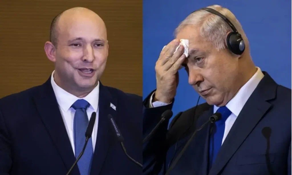 The dangerous allure of a post-Netanyahu Israel A split-screen image contrasting Naftali Bennett speaking confidently at a podium with Benjamin Netanyahu wiping sweat from his forehead during a press conference, highlighting the political transitions within a post-Netanyahu Israel.