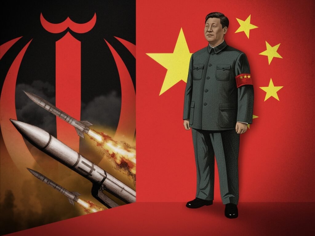 A conceptual illustration featuring President Xi Jinping standing before the Chinese flag, contrasted with ballistic missiles and an Iranian-inspired emblem, symbolizing the strategic interests and security dilemmas for China amidst the Strait of Hormuz Crisis.
