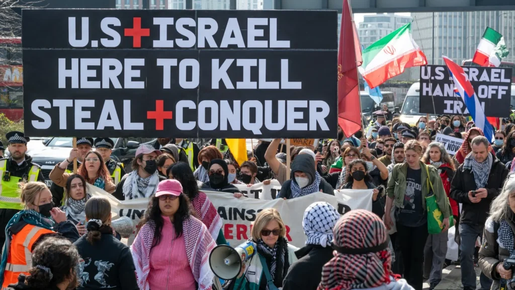 Protesters in an urban setting carrying a large banner and flags during a demonstration, symbolizing the growing public dissent and ideological shifts that contribute to the failure of the West’s Israel Bubble in international relations.