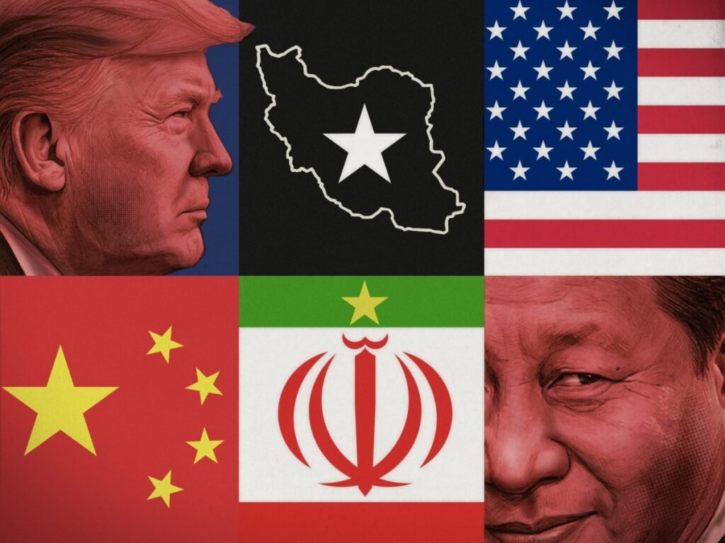 Will China help Trump find an off-ramp over Iran? A political graphic collage featuring a profile of Donald Trump, a map outline of Iran, the United States flag, the Chinese flag, and a profile of Xi Jinping, illustrating the global diplomatic maneuvering and strategic options behind an Iran War Off-Ramp.