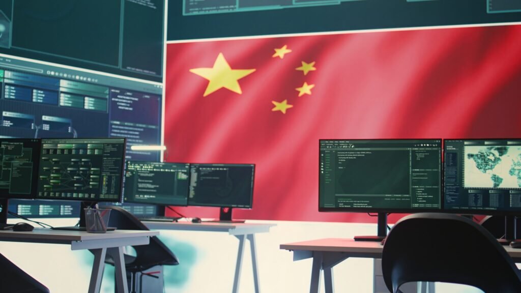 Multiple computer monitors displaying code and data streams sit in an empty command center beneath a large screen with a waving Chinese flag, illustrating the strategic infrastructure behind a modern Cyber Playbook.