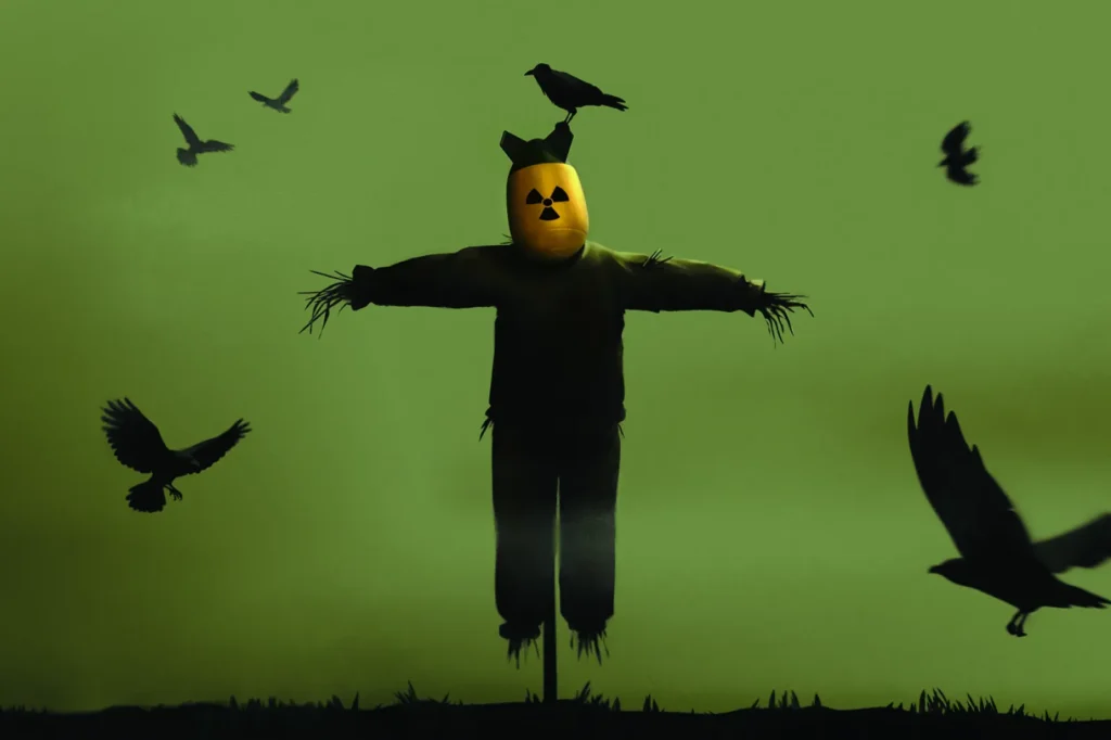 The Strange Defeat of Nuclear Deterrence A grim-faced scarecrow wearing a dark green coat stands against an eerie, foggy green sky, its head replaced by a bright yellow aerial bomb marked with a black nuclear radiation symbol as a dark crow perches on top, visually illustrating the stark warnings behind the strategic breakdown of nuclear deterrence.