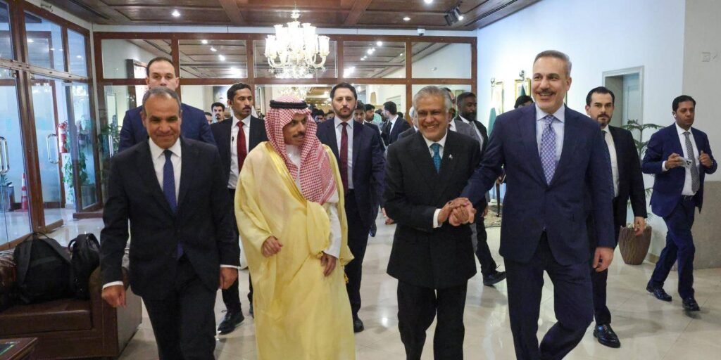 Turkish Foreign Minister Hakan Fidan walks alongside regional counterparts, including Egypt's Badr Abdelatty, Pakistan's Ishaq Dar, and Saudi Arabia's Faisal bin Farhan Al Saud in Islamabad, illustrating the diplomatic alignments shaping Turkey's regional role.