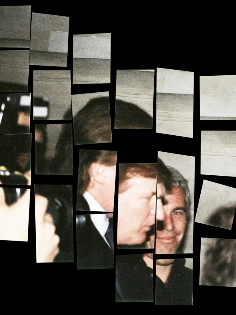 A fragmented photo collage displays segmented, close-up images of Donald Trump in profile juxtaposed with a smiling Jeffrey Epstein against a black background, capturing the controversial historical associations involving Jeffrey Epstein.