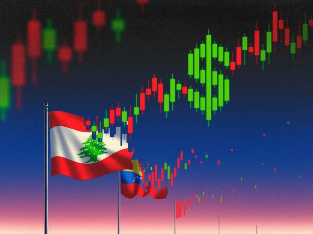A conceptual digital art collage showing the national flags of Lebanon and Venezuela on flagpoles, where the edges of the flags dissolve directly into volatile green and red financial candlestick charts that ascend to form a giant green US dollar symbol against a gradient twilight sky.