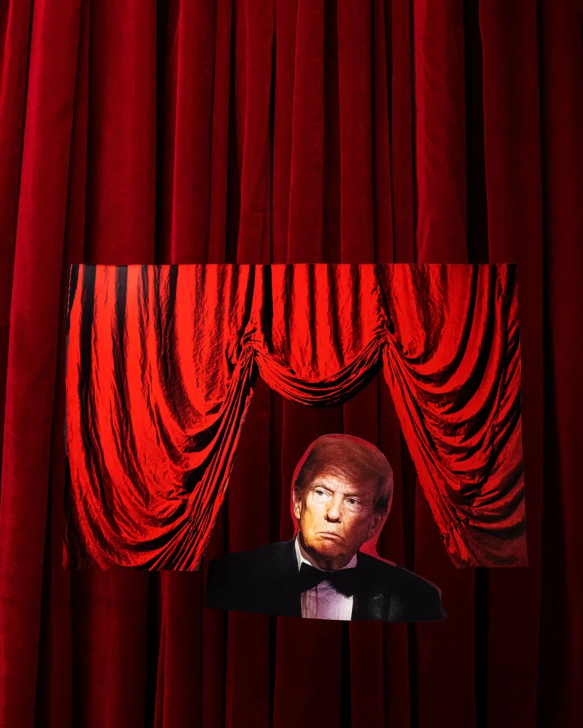 An editorial political artwork showing a cutout portrait of Donald Trump in a tuxedo under a draped crimson stage curtain backdrop, creating a theatrical conceptual imagery that reflects the public debate on whether Trump has failed.